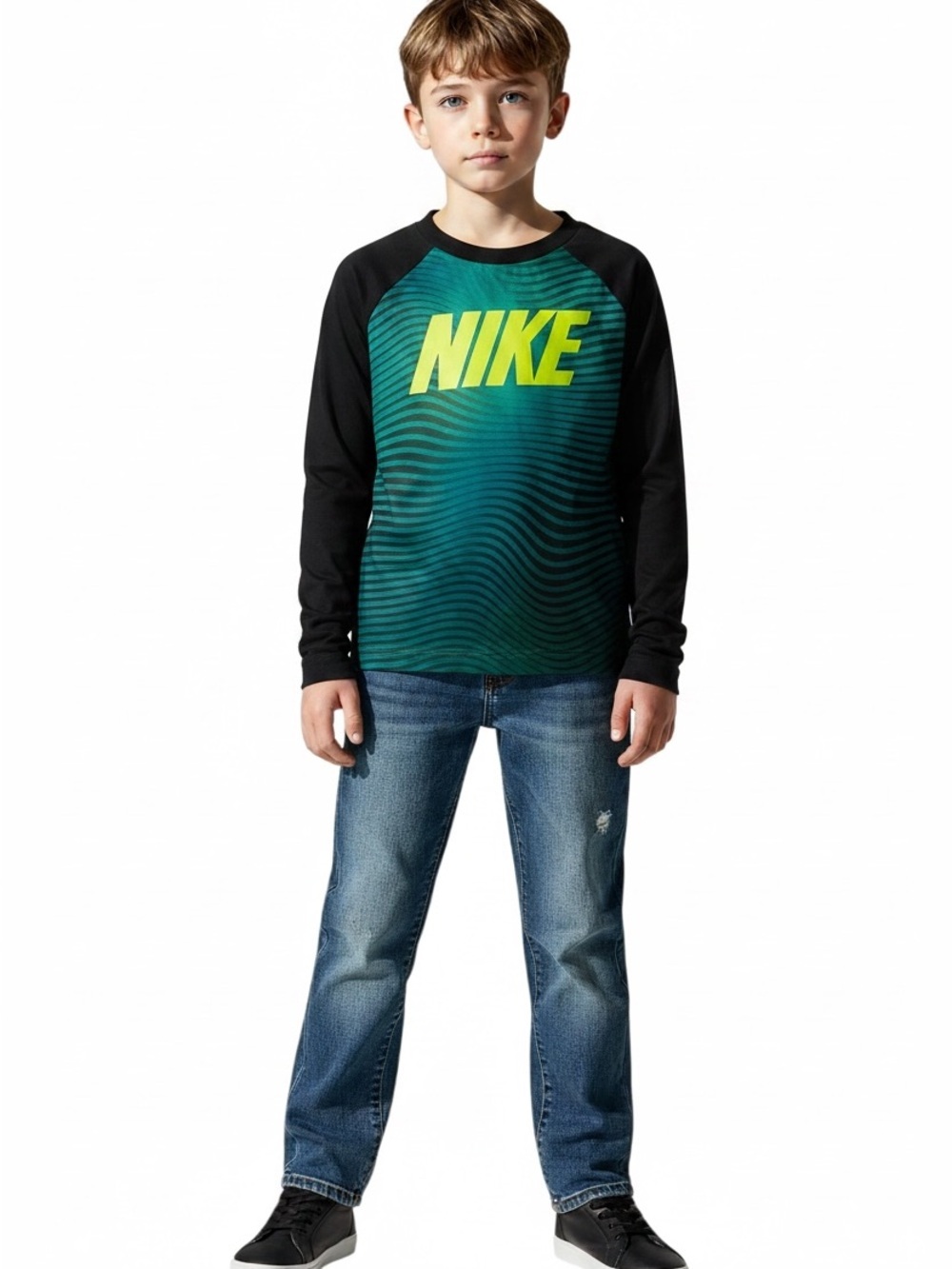 Nike dri-fit Boys' 7 green/ black wave print polyester long sleeve yellow logo